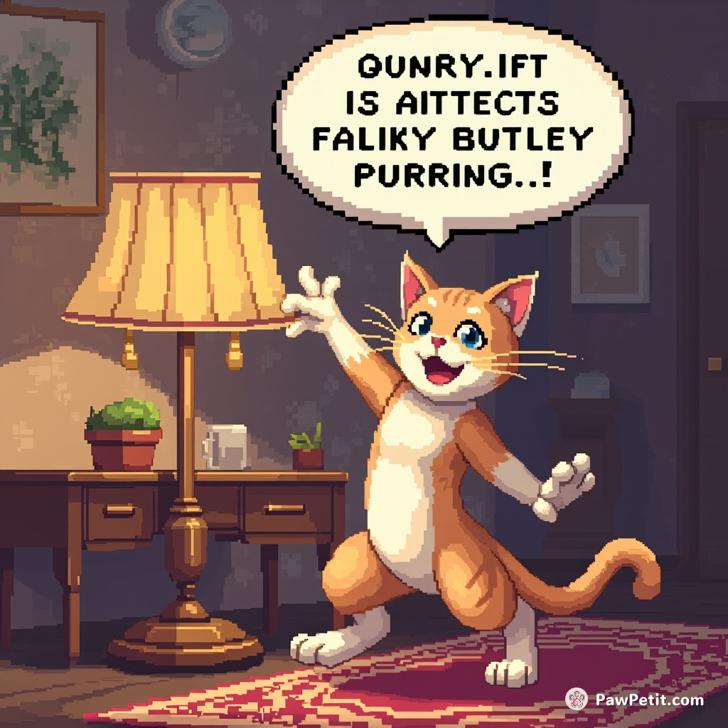 Cat maneuvers upright, knocks over lamp with tail swishes, while doing a "purring" human speech impression – eviction notice served.