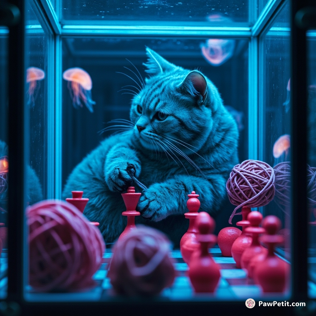 A neon cyberpunk cat playing chess with animated yarn balls in an underwater glass cabin lit by bioluminescent jellyfish.
