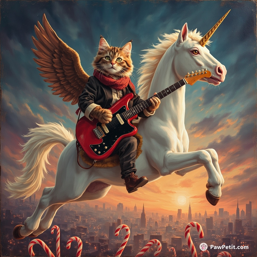 A cat playing an electric guitar while riding a flying unicorn over a city of candy canes in the twilight.