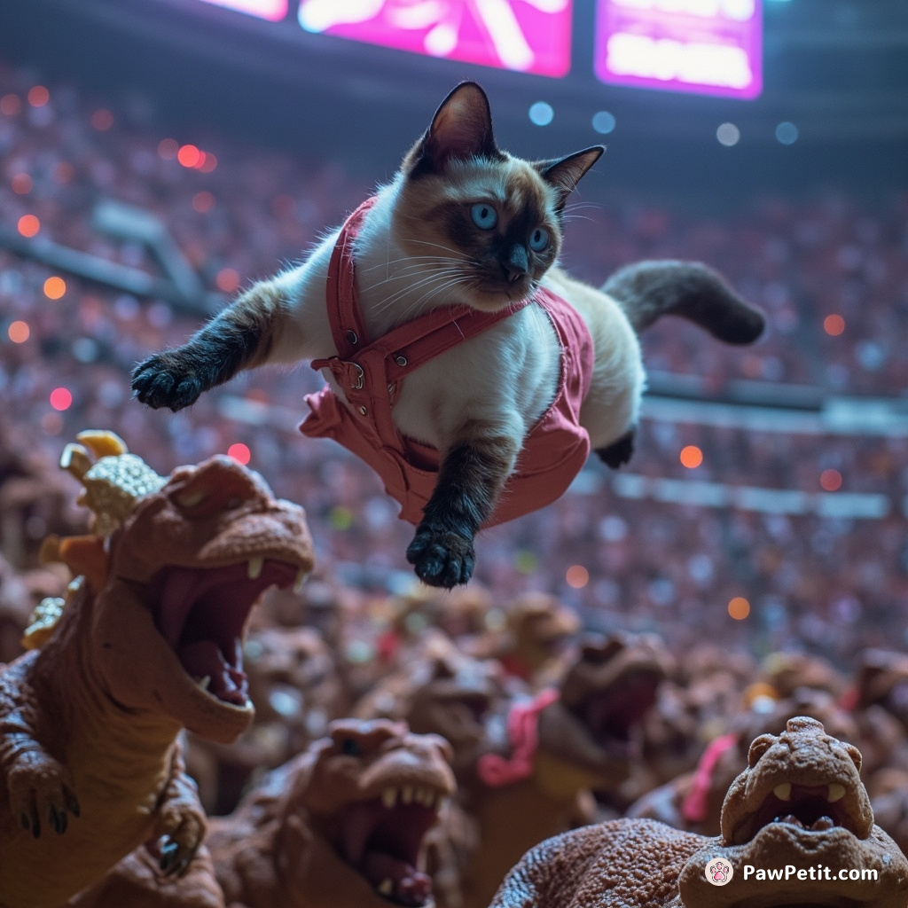 A Siamese cat skydiving into a stadium filled with viewing cats disguised as dinosaurs during the Mech-Pizza Sydney Olympics.