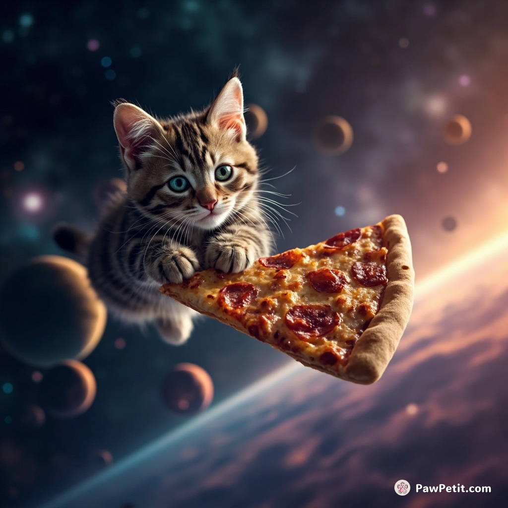 A floating cat nibbling on a slice of colorful galaxy pizza in zero gravity outer space.