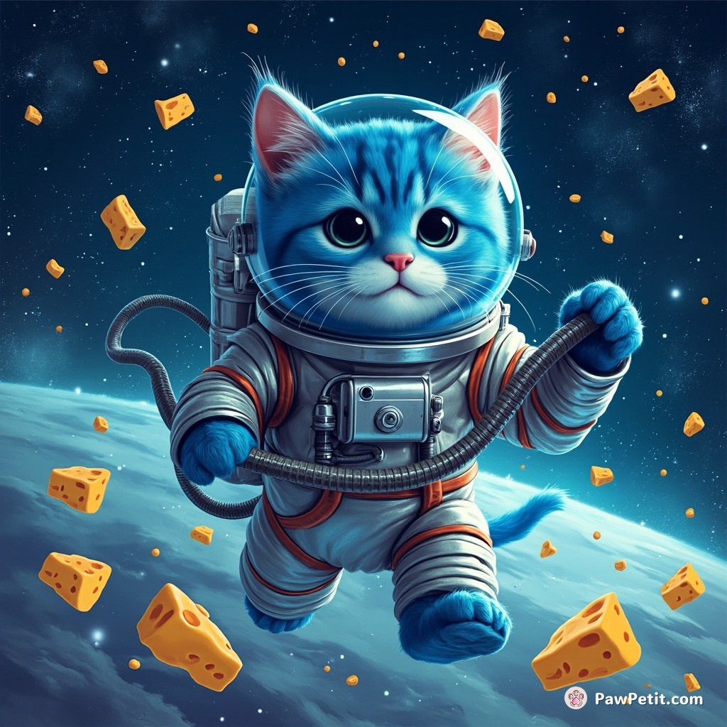 A royal-blue cat wearing a silver astronaut suit, vacuuming cartoon cheese stars in zero-gravity space.
