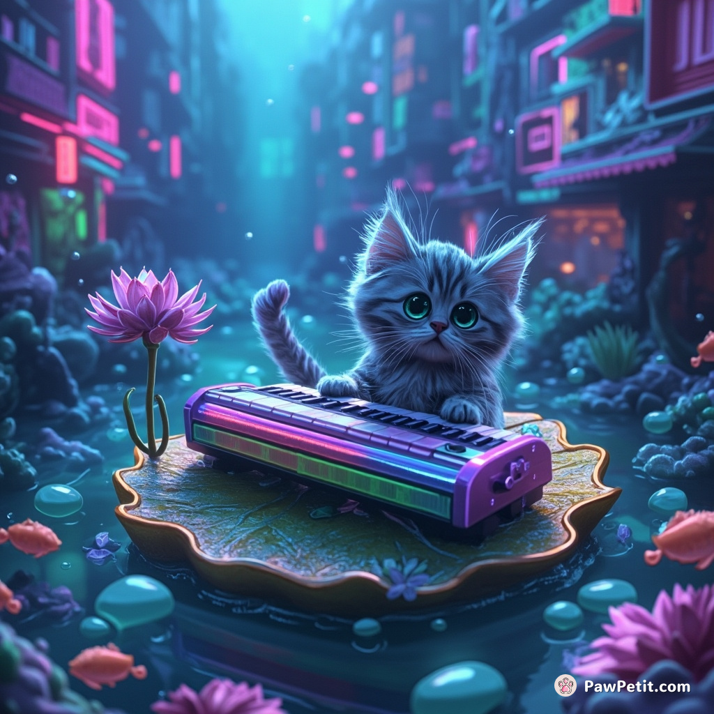 A three-tailed cat playing a shimmering rainbow piano on a floating lily pad in an underwater city populated by bubble-blowing fish.