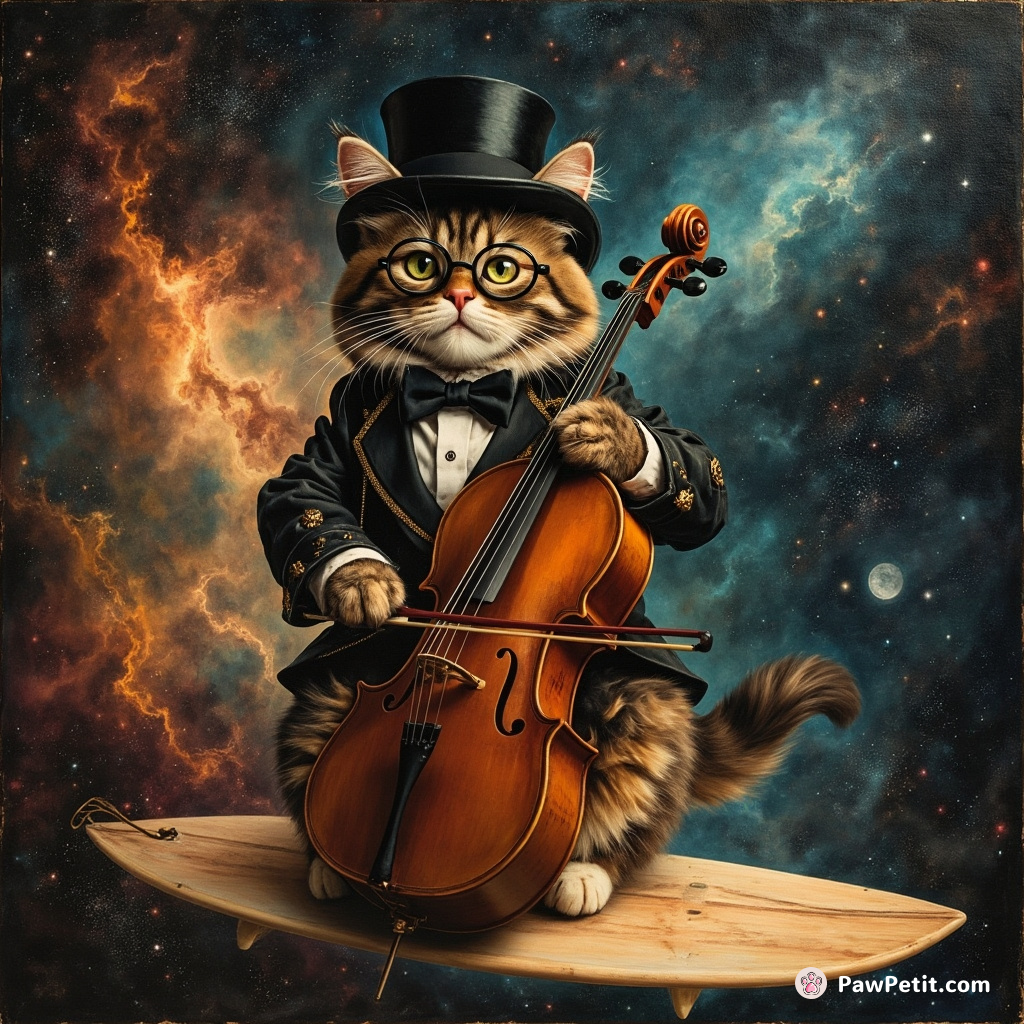 Cat wearing a top hat and monocle, playing the cello on a surfboard amid space nebula.