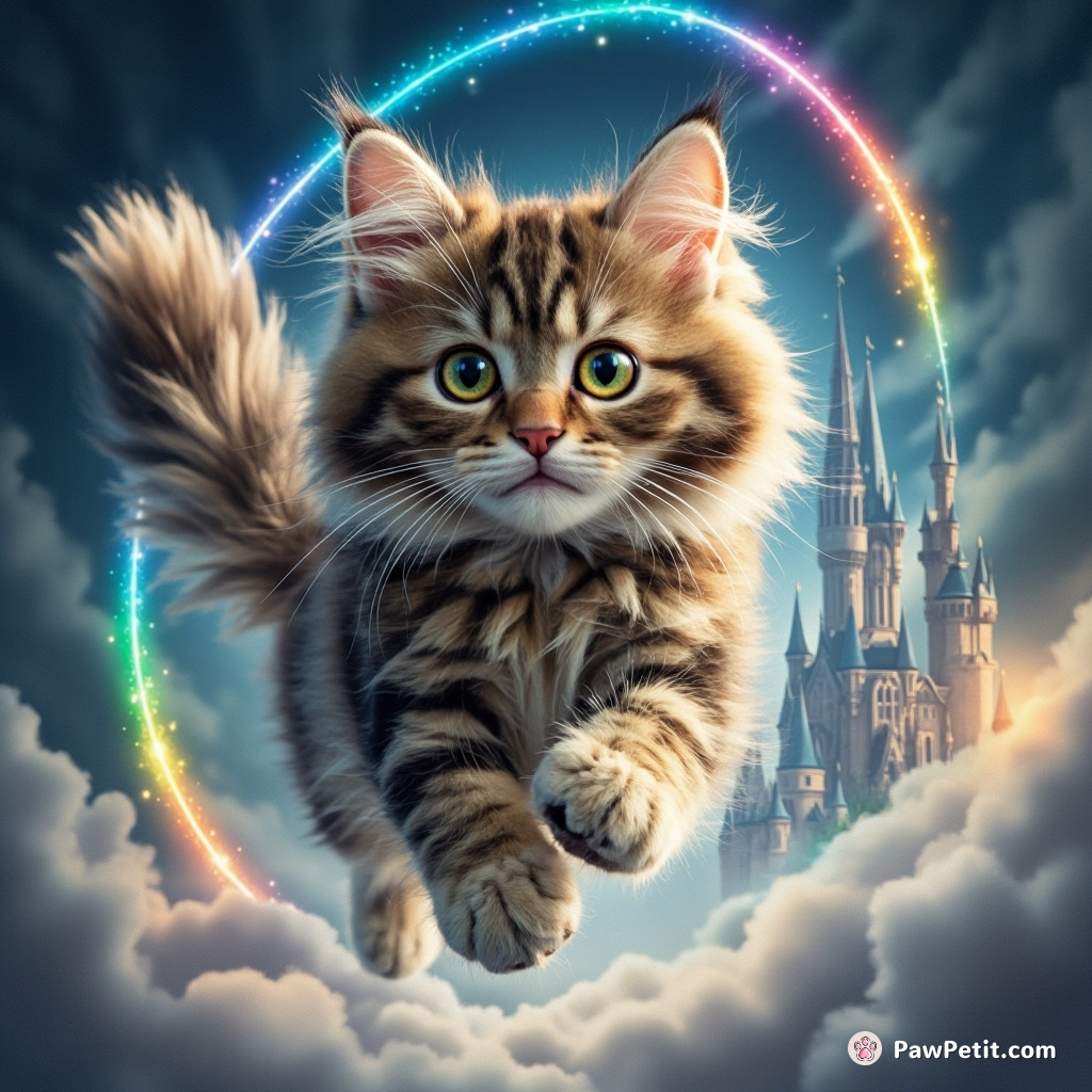 Whiskers the Brave leaps through rainbow hoops to rescue the Moon Princess from a cloud castle in a storm.