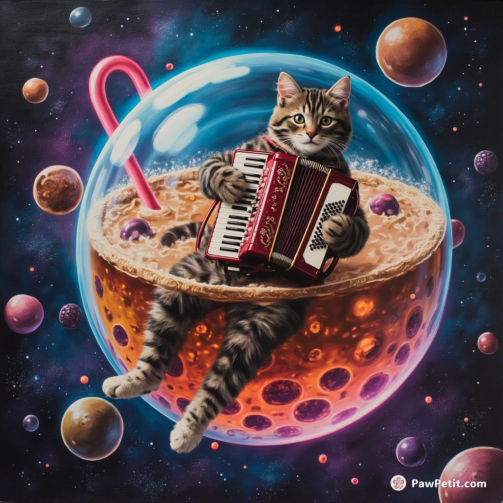A cat playing a neon accordion while floating on a giant bubble tea in outer space.