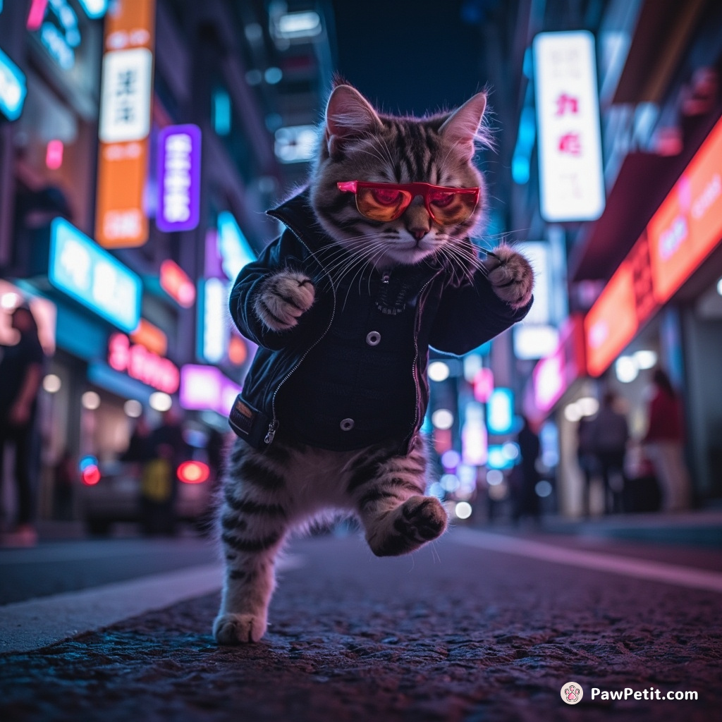 In nocturnal neon lights, an agile cat digitally picks locks, deftly dancing amidst bustling urban microdrones.