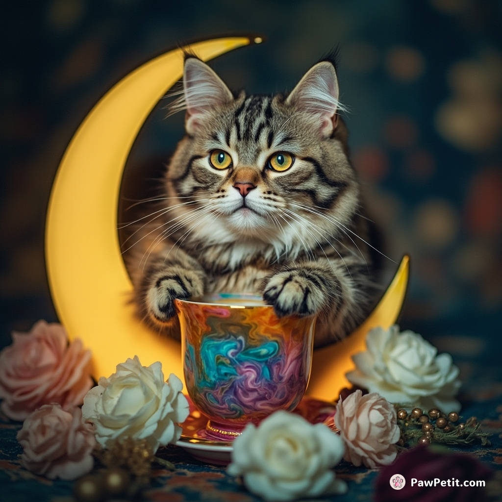 Victorian lady cat sipping multicolored cosmic tea on a porcelain moon crescent.