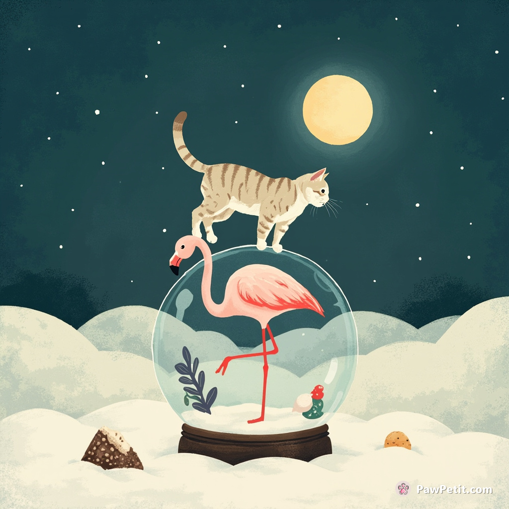 Cat mastering the balancing act on a flamingo's beak in a dessert-themed snow globe under moonlight.