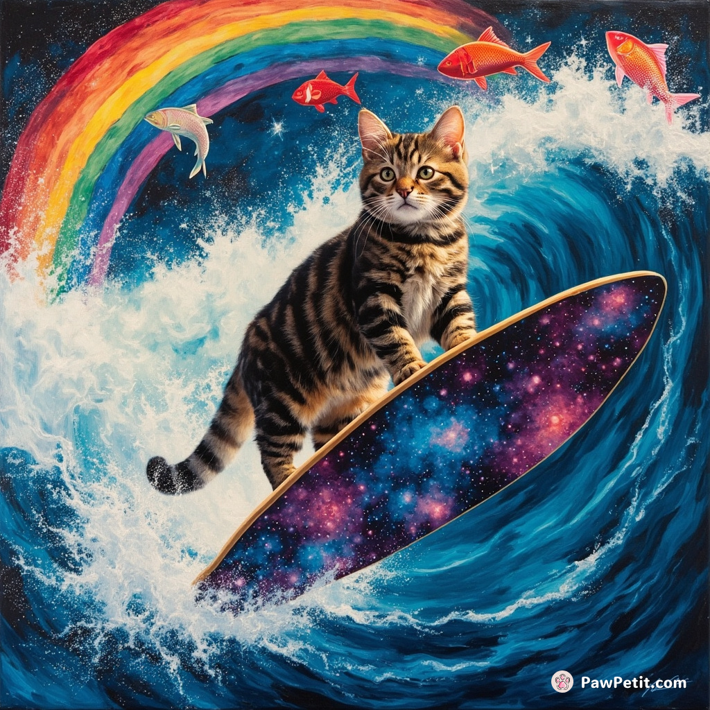 A tabby cat surfing a cosmic wave on a galaxy-print surfboard, with neon fish leaping over the rainbow in the background.