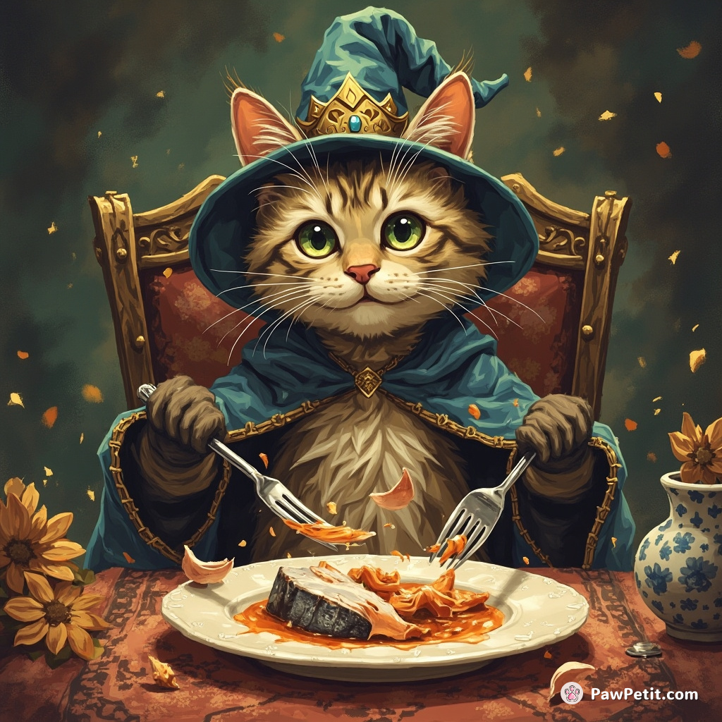 Magic, the cat, endeavors to master the art of dining with silverware, regularly tossing fish bones off her plate.