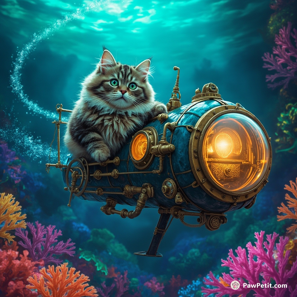 Cat controlling a steampunk submarine, navigating through neon coral reefs in the Dr. Seuss-style ocean.