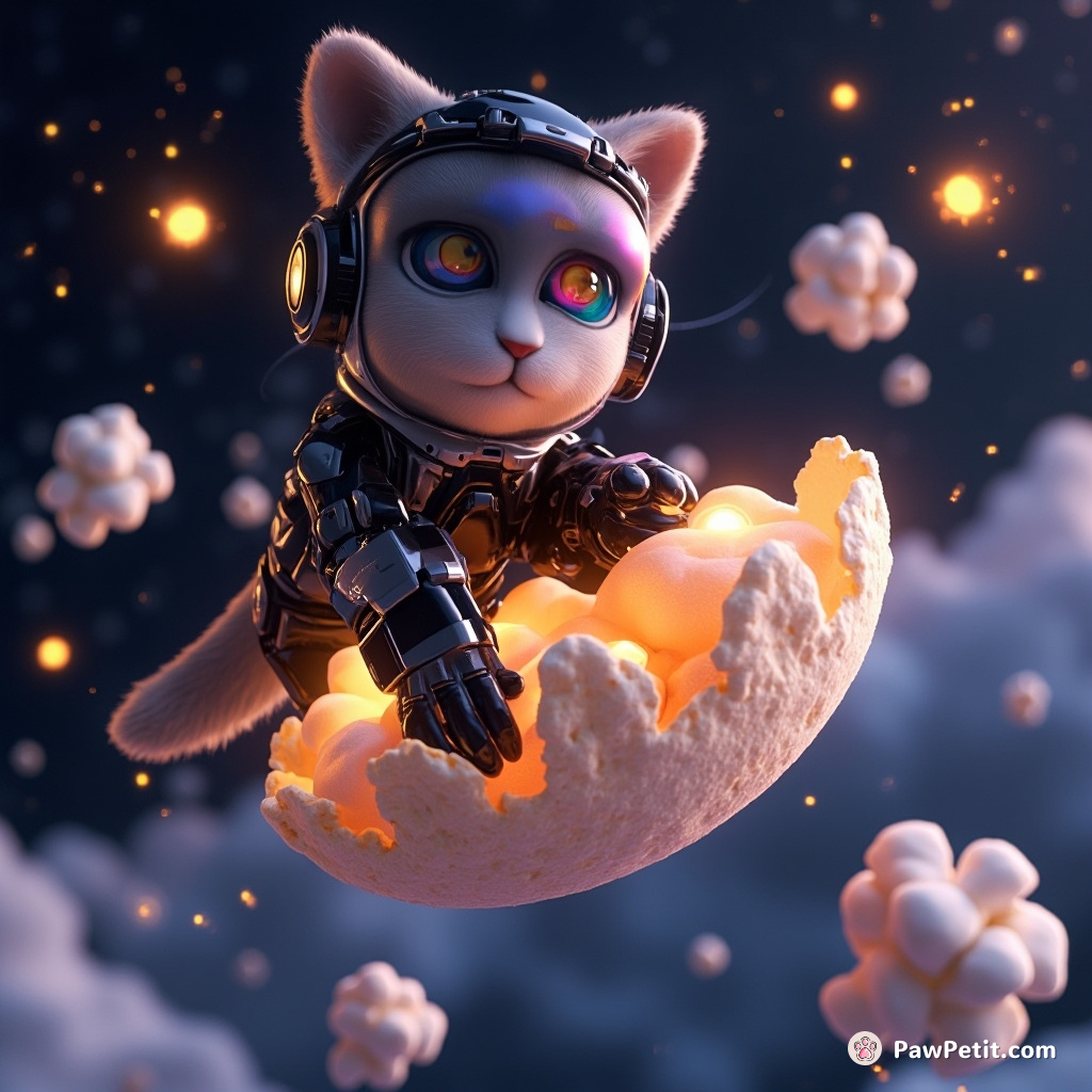 Cybernetic cat surfing on an unpopped popcorn kernel in zero gravity, enveloped by valiant fireflies.