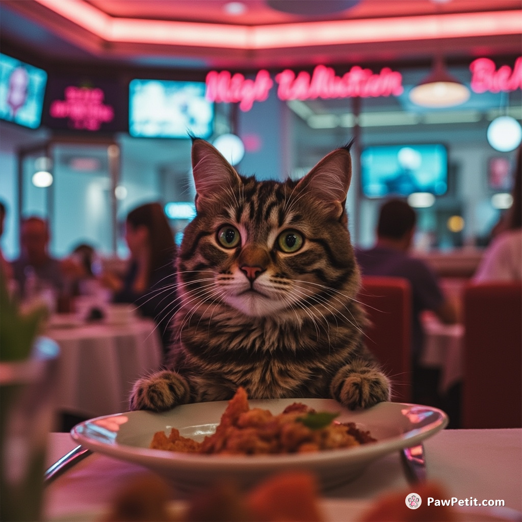 Cat sits upright at the dinner table, paws on the table, intently watching humans eat with wide, curious eyes.