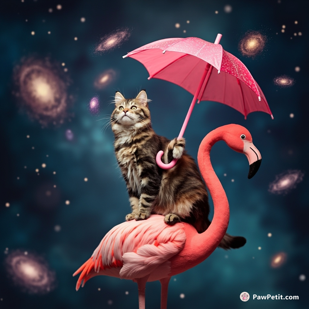 A tie-dye cat balancing on a flamingo umbrella, juggling mini galaxies in outer space.