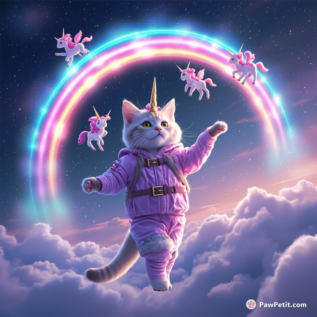 Cat juggling miniature unicorns under a bioluminescent digital rainbow bridge in space outfit.
