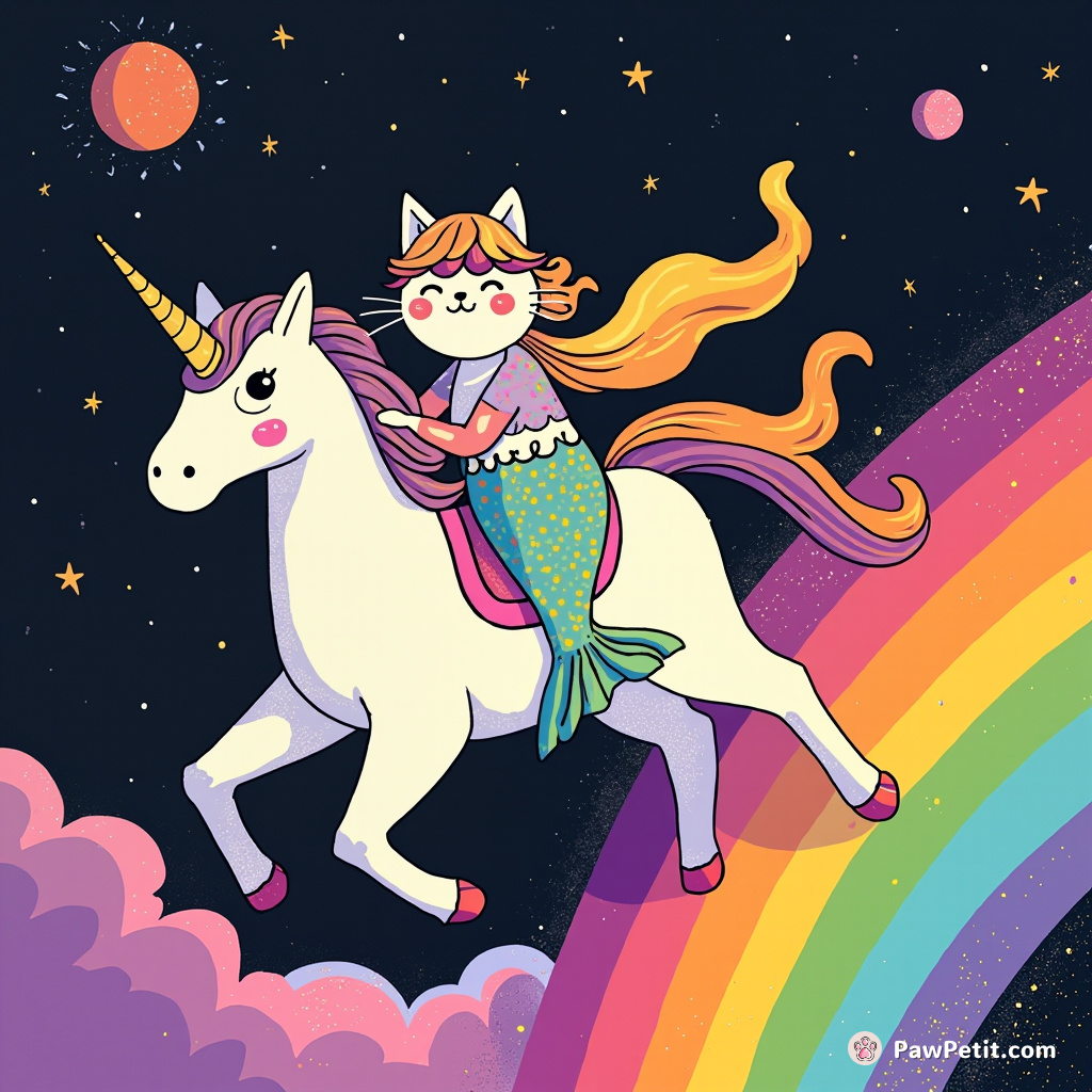 A cat, dressed as a psychedelic mermaid, riding a space unicorn over a sparkling rainbow in low gravity zone.