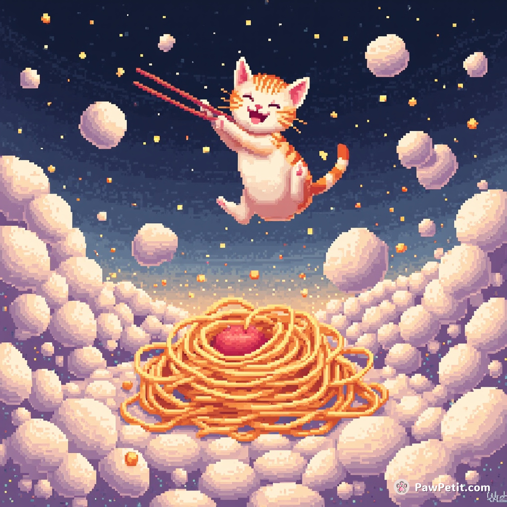 Cat levitating over a marshmallow forest, eating a spaghetti whirlwind with chopsticks.