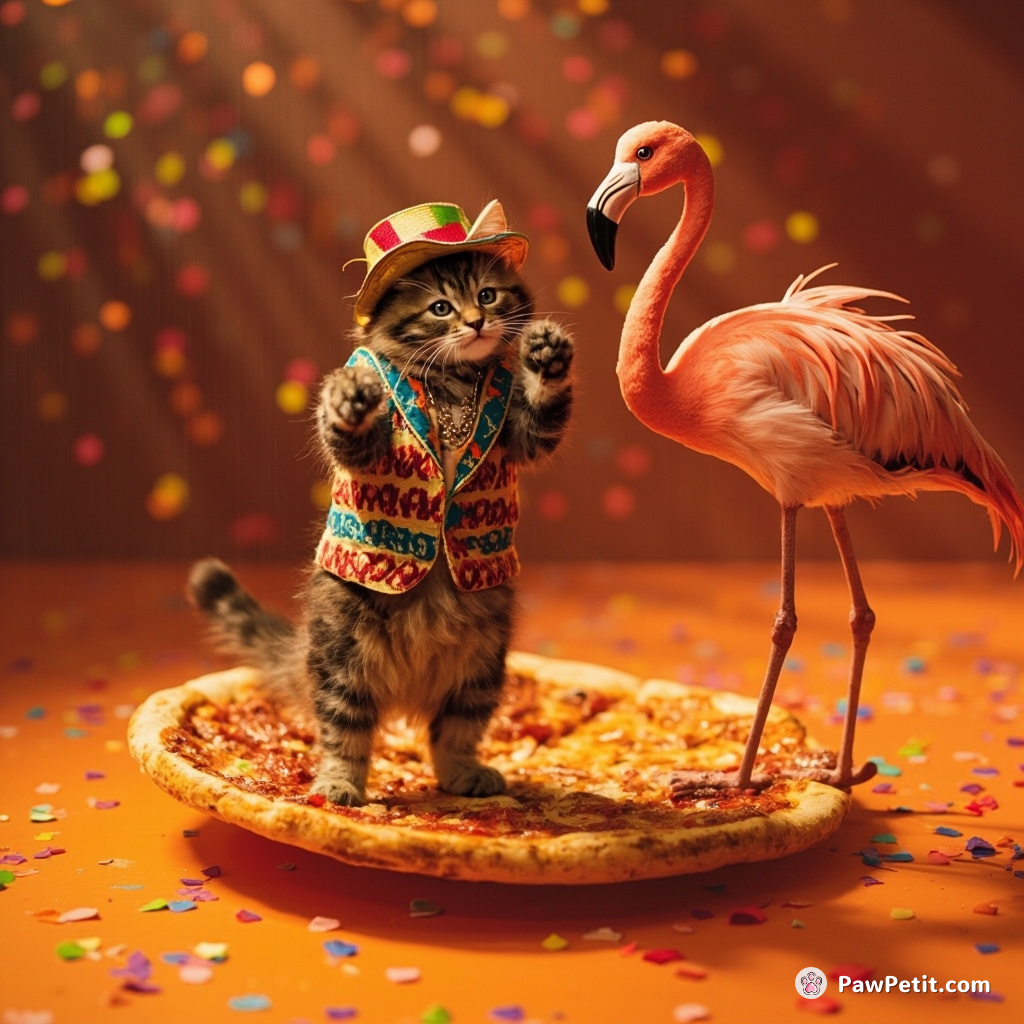 A cat doing the salsa dance with a flamboyantly dressed flamingo on a floating pizza slice in the middle of an orange soda ocean under neon confetti rain.