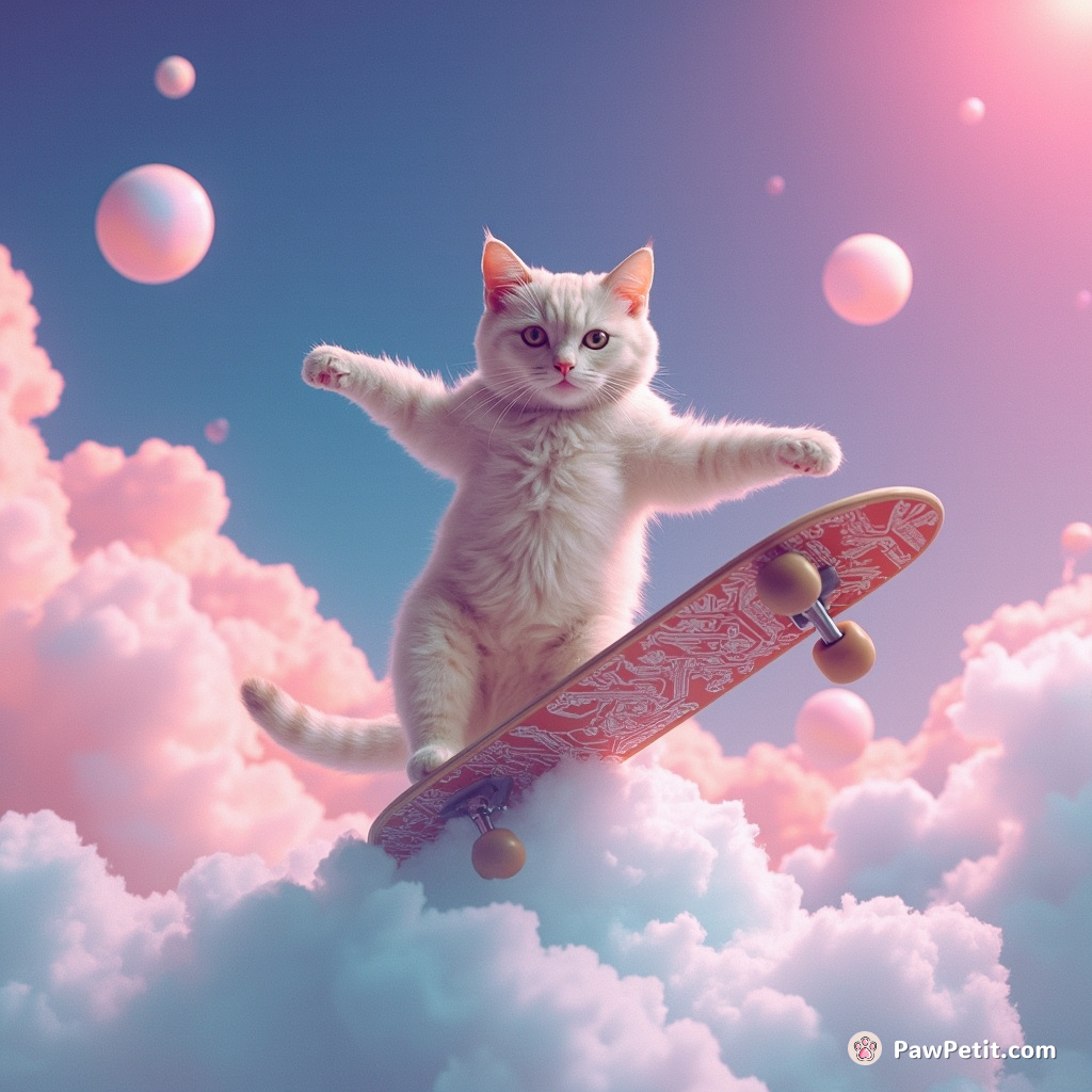 Cat doing a gravity-defying skateboard trick in a cloud kingdom.