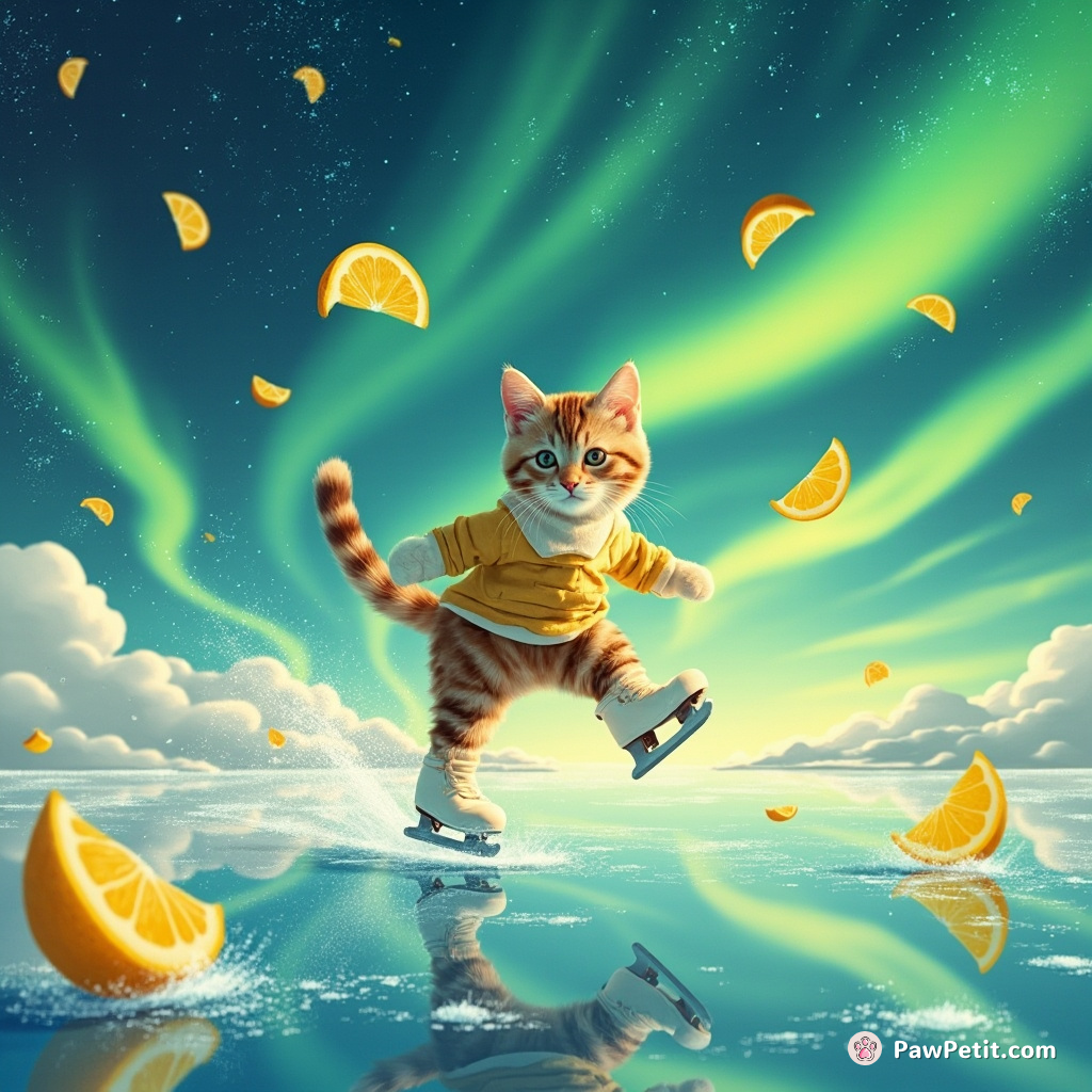 A cat ice-skating on a shimmering olive oil river beneath a neon aurora sky, dodging floating lemon wedges.