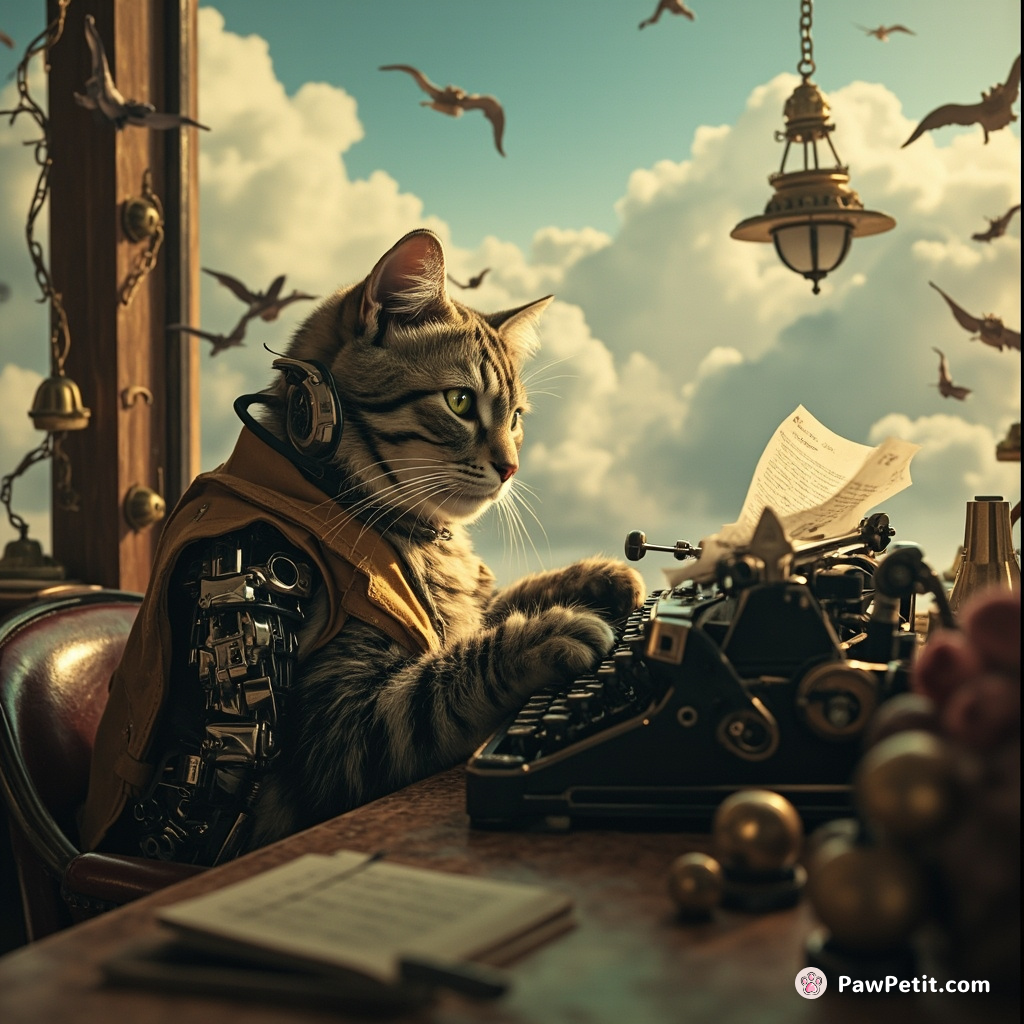 A cybernetic cat leisurely typing Shakespeare on an antique typewriter at a floating steampunk-themed café in cloud-filled skies.