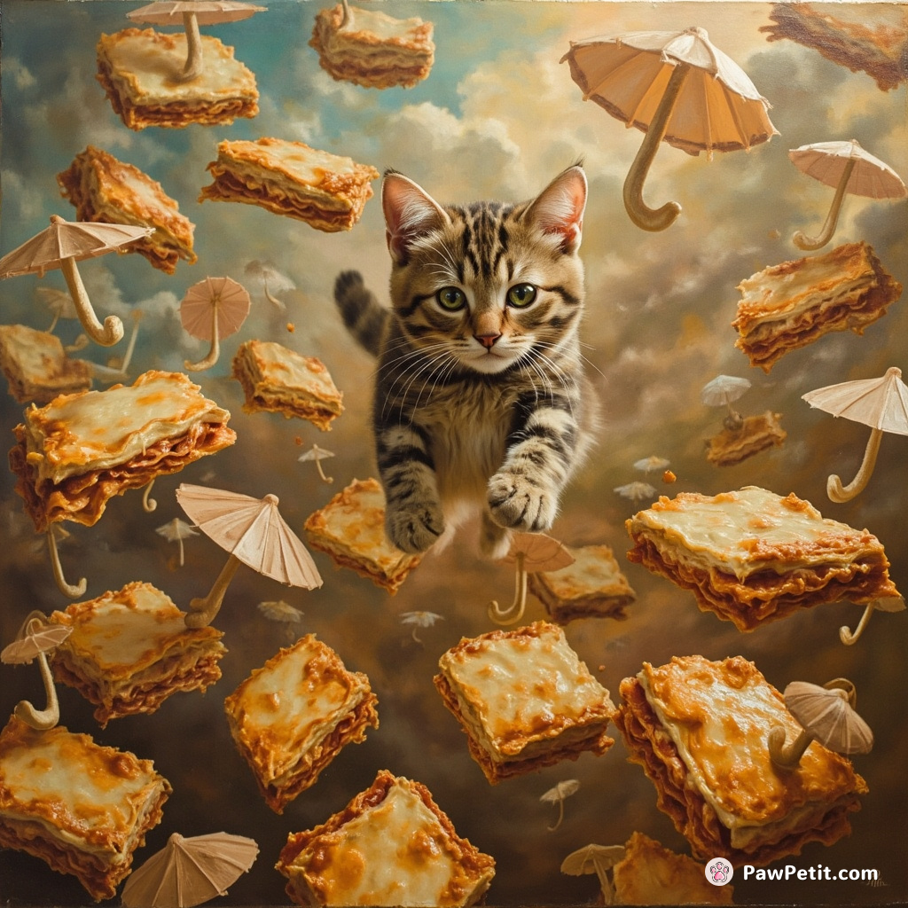 Cat skydiving into a sea of floating lasagnas, holding tiny mushroom-shaped umbrellas.