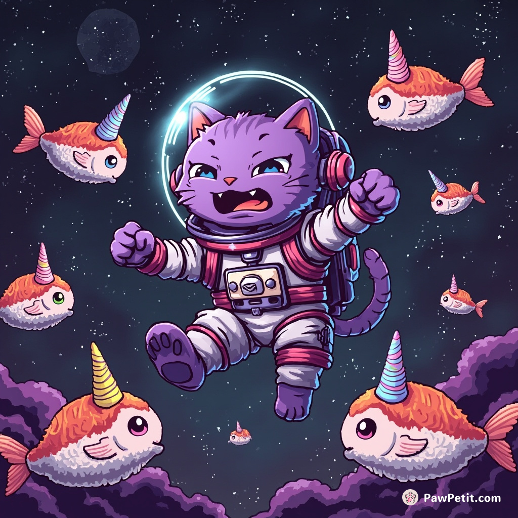 A startled purple cat in astronaut’s gear, floating in zero gravity among sushi-type fish with unicorn horns.