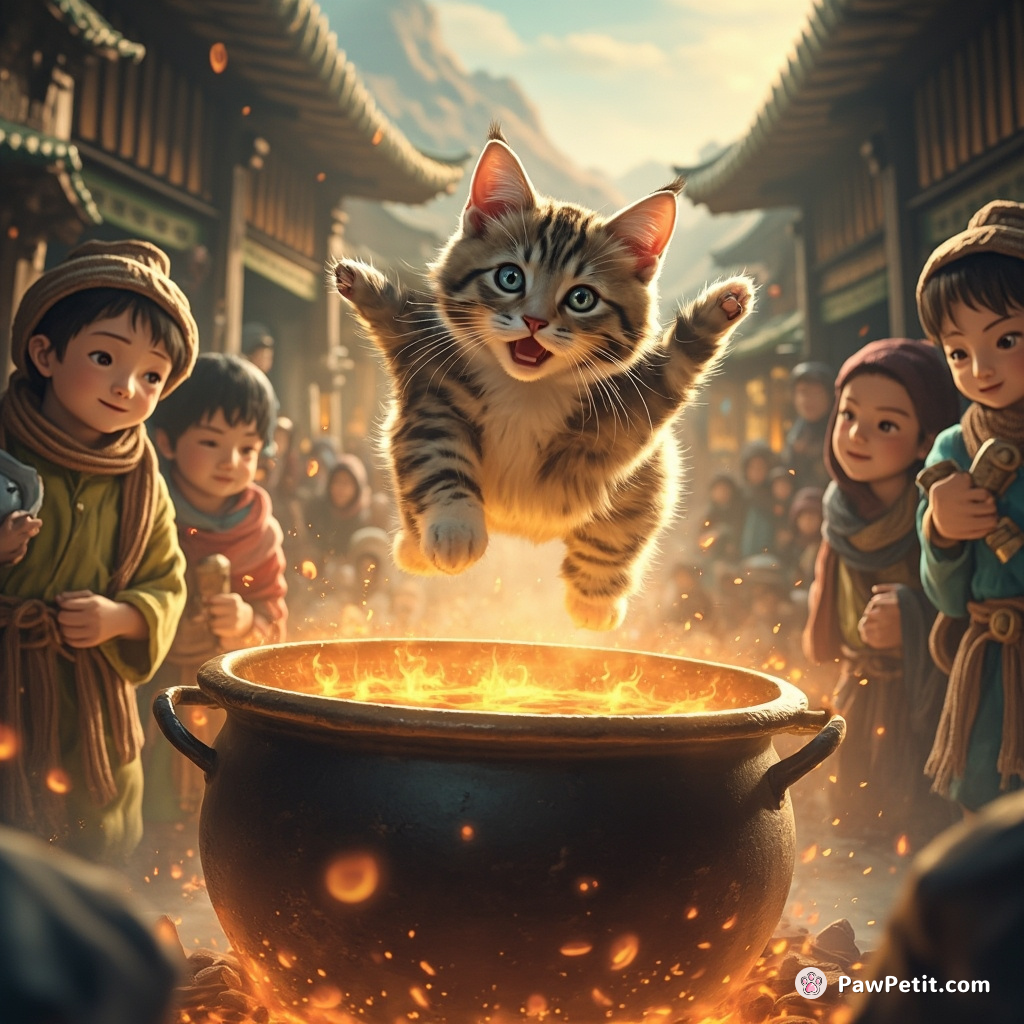 The cat's gravity-defying leap over a boiling cauldron is mistakenly seen as a heroic act by villagers.