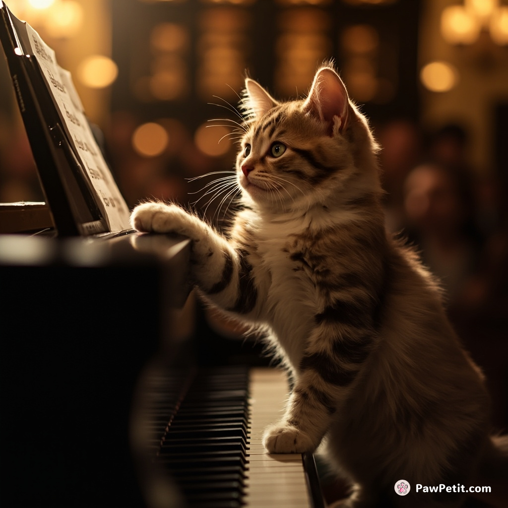 In posh piano concert, feline genius paws crescendo, outplays maestros.