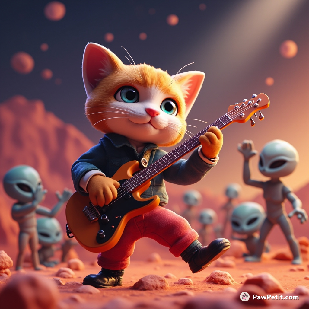 A cat performing a rock concert on Mars with alien fans cheering.
