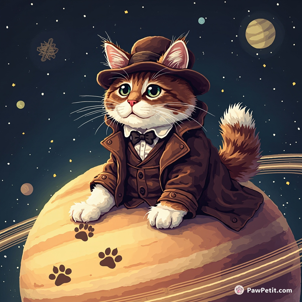 Cat donning a Victorian-era detective outfit, tracing paw-prints on top of Saturn's rings.