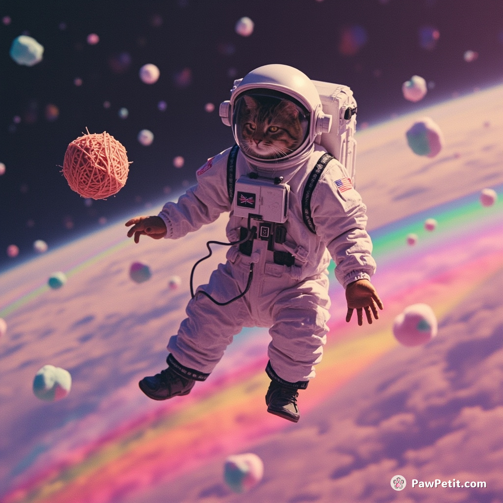 A cat astronaut bouncing on rainbow marshmallows in zero-gravity space while juggling cosmic yarn balls.