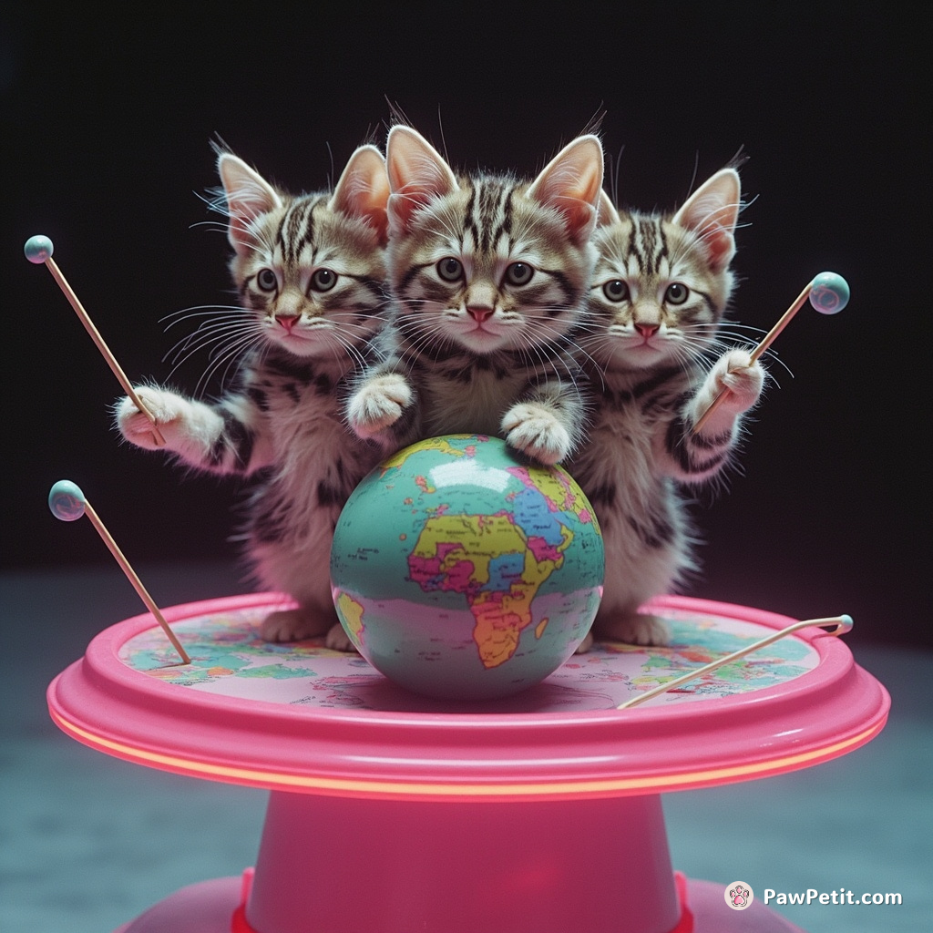 A three-headed kitten conducting a mouse symphony on a globe-shaped podium by using whiskers as batons.