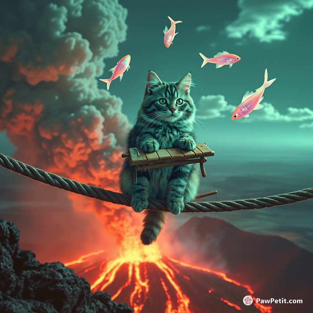 A teal colored royal cat playing xylophone on tightrope, while juggling opalescent semi-transparent fish over the mount Vesuvius erupting rainbow lava.