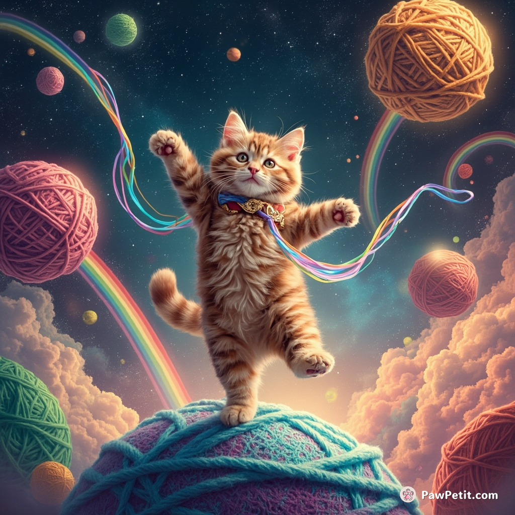 In a digital dreamscape, Astro Kitty cat-dances upon virtual yarn planets, generating rainbows with each jubilant leap and twirl.