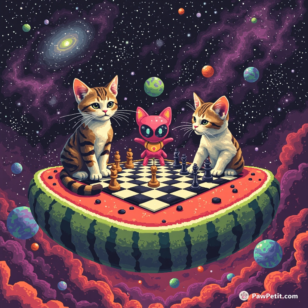 A three-headed cat playing a game of cosmic chess with watermelon-shaped aliens on a floating doughnut galaxy.