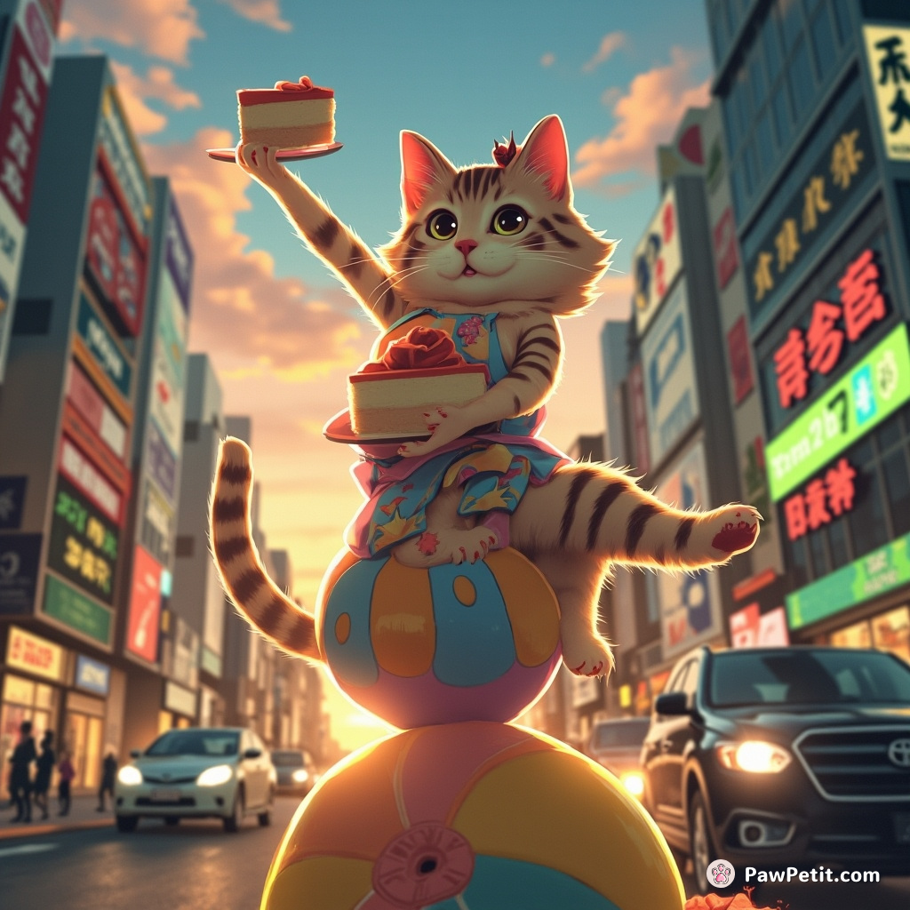 Cat elegantly constructing a three-tiered cheesecake while balanced on a beach ball amidst traffic in Tokyo at dusk.