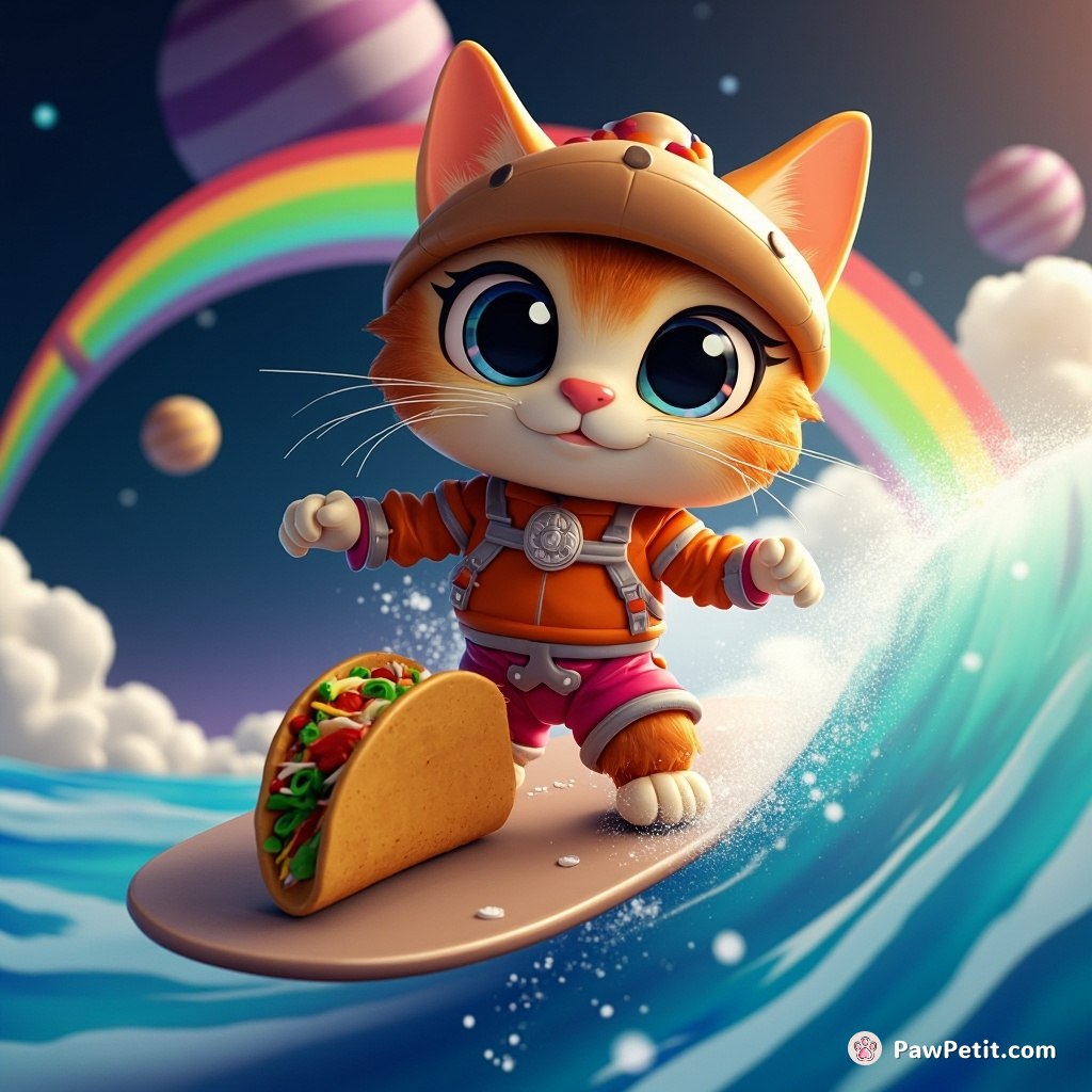 A cat cooking tacos while surfing a rainbow wave in outer space.