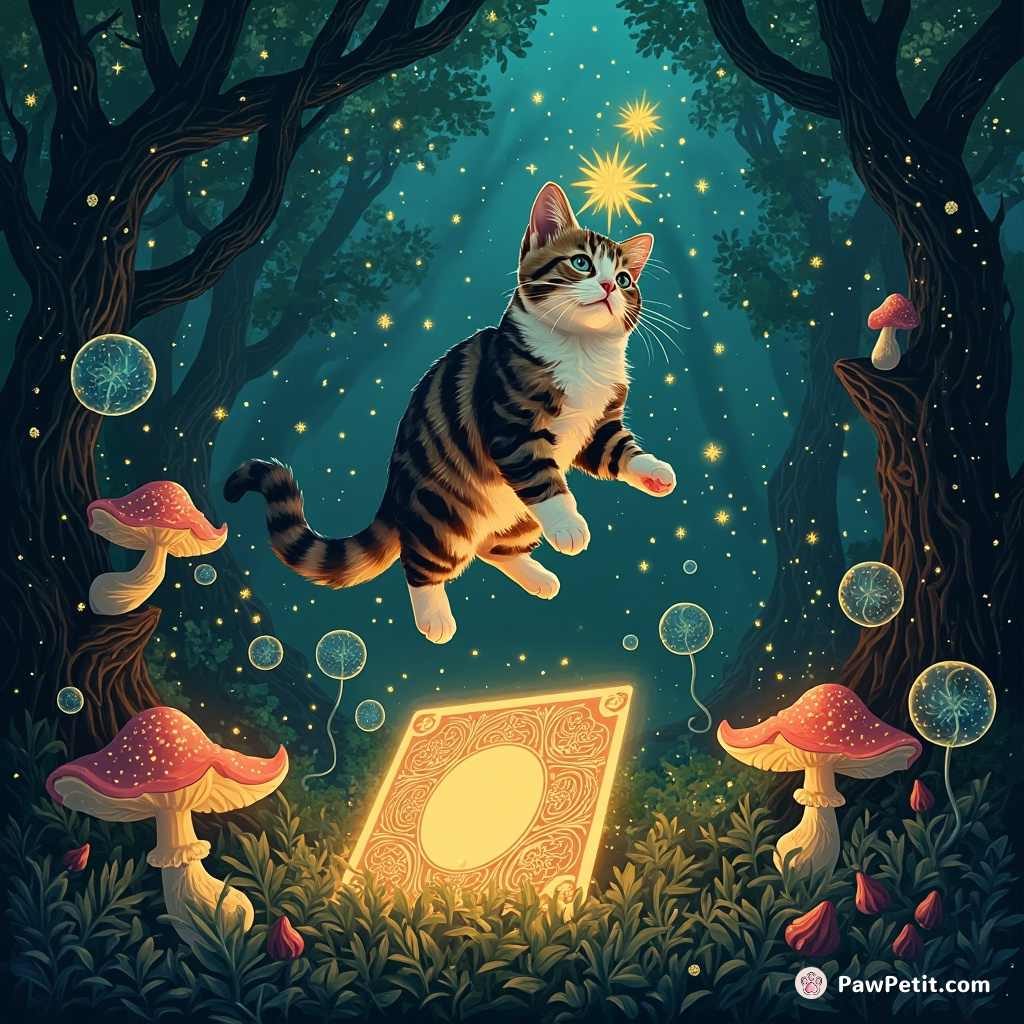 A magician cat levitating above a giant tarot card in a forest lit by bioluminescent mushrooms.
