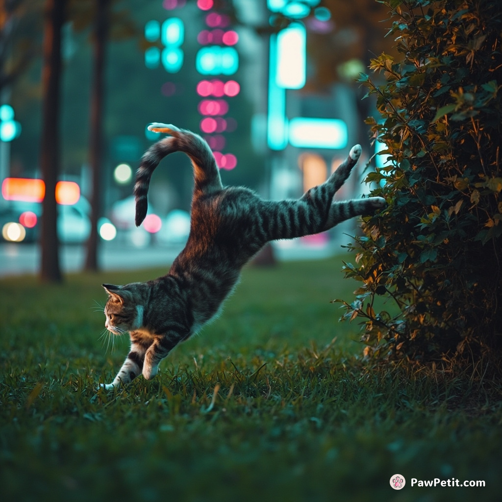 In a park, a cat mimics a jogger, tripping over its own tail and somersaulting into a bush with grace.