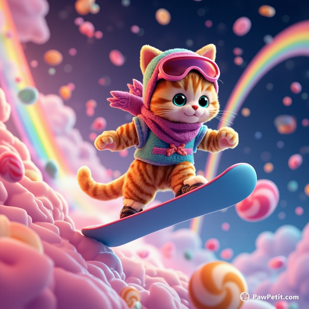 Cat snowboarding down a rainbow amidst a candy storm in space.