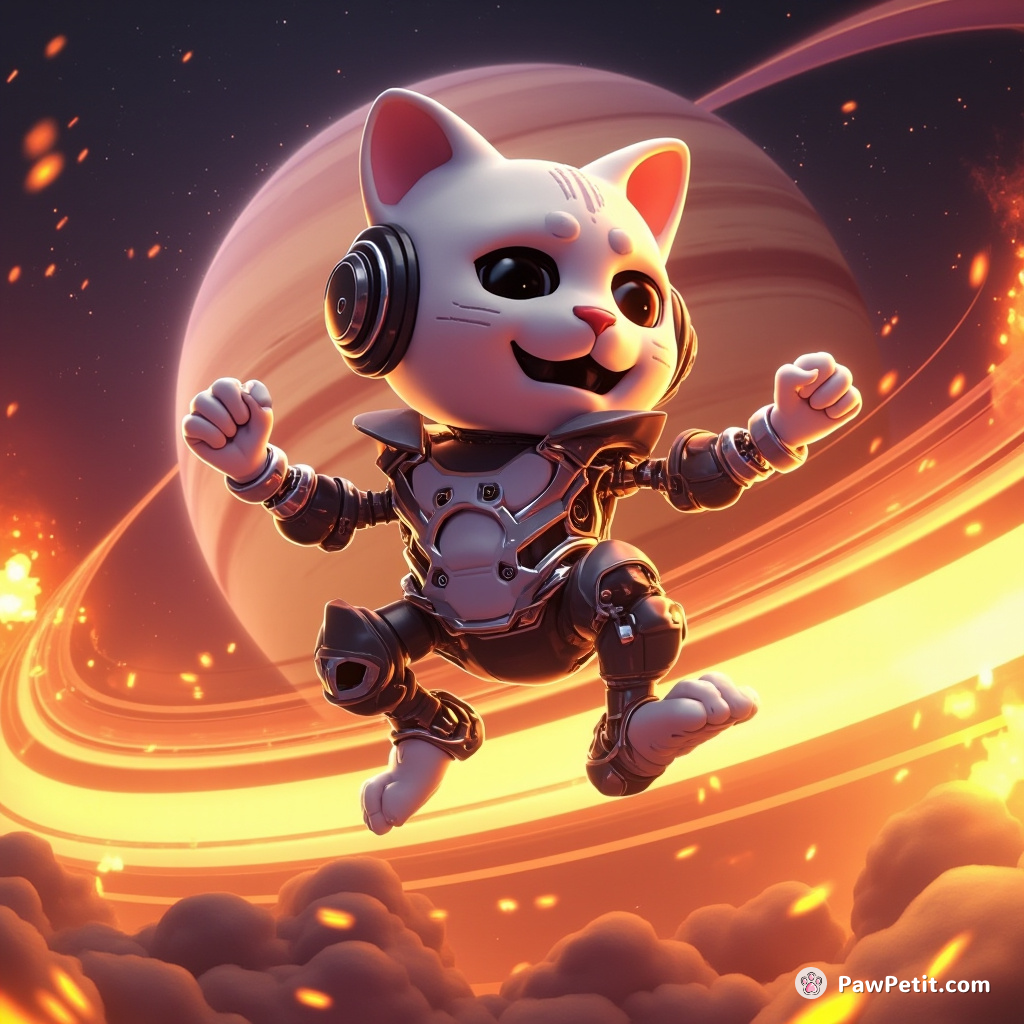 A cyborg cat performing a mind-bending breakdance on the erupting rings of Saturnю