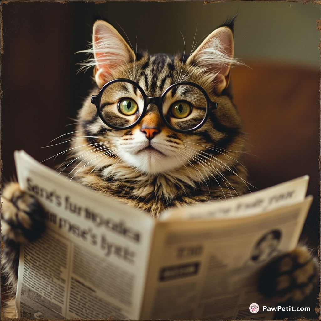 The cat clears its throat and sits upright, intently reading the morning newspaper with a pair of miniature glasses.