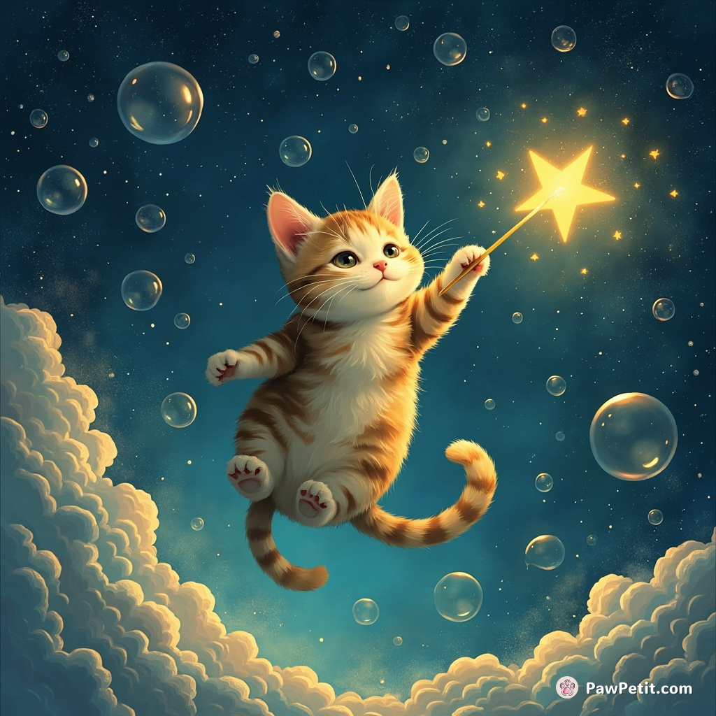 Cat levitating through a bubble-filled cosmos, batting at a star.
