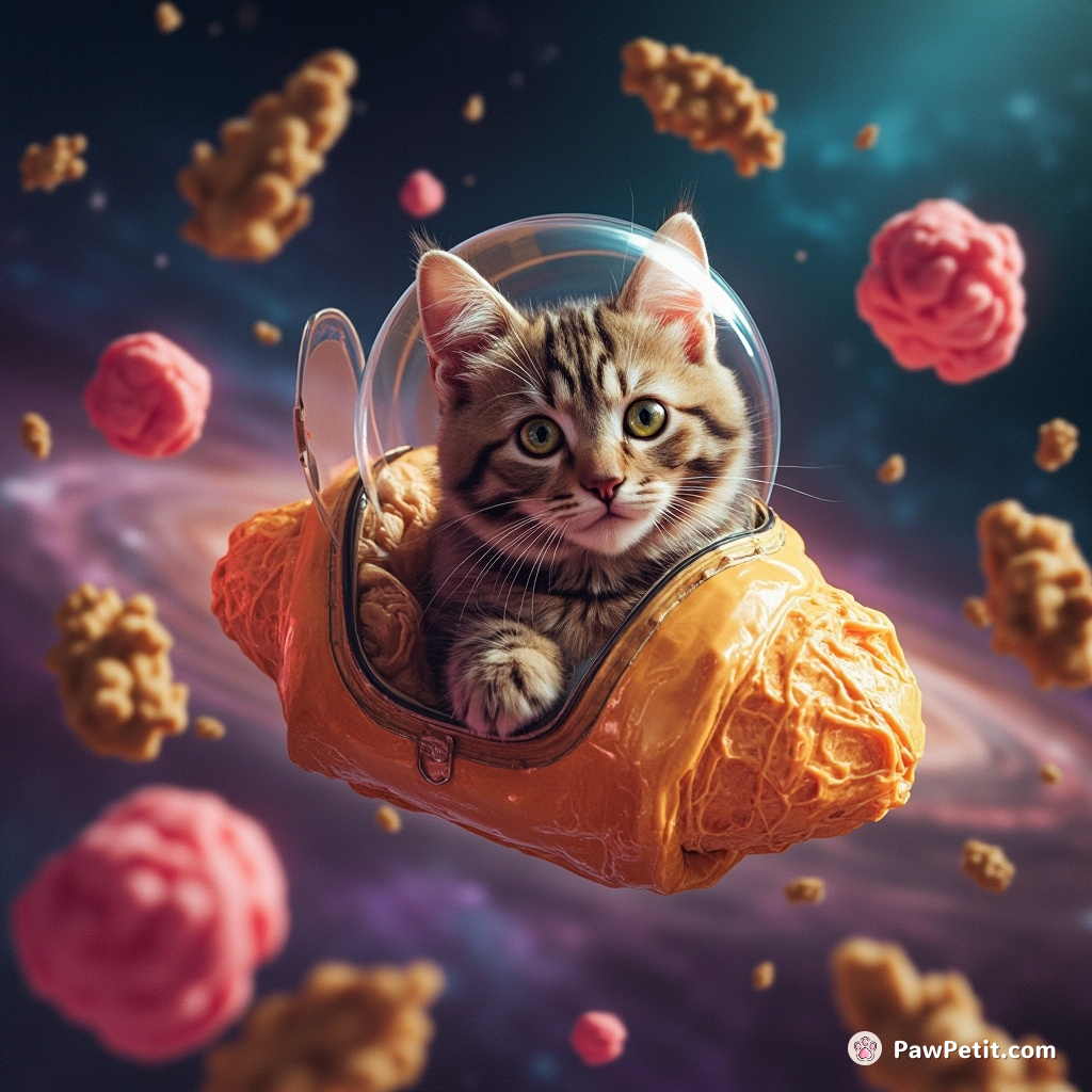Cat as an imaginary galaxy explorer chasing cheese asteroids plated with catnip in a croissant spacecraft.