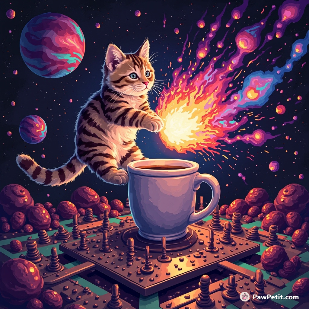 With acrobatic agility, the cat flipped switches on the quantum-oscillator, triggering a supernova inside a coffee mug.
