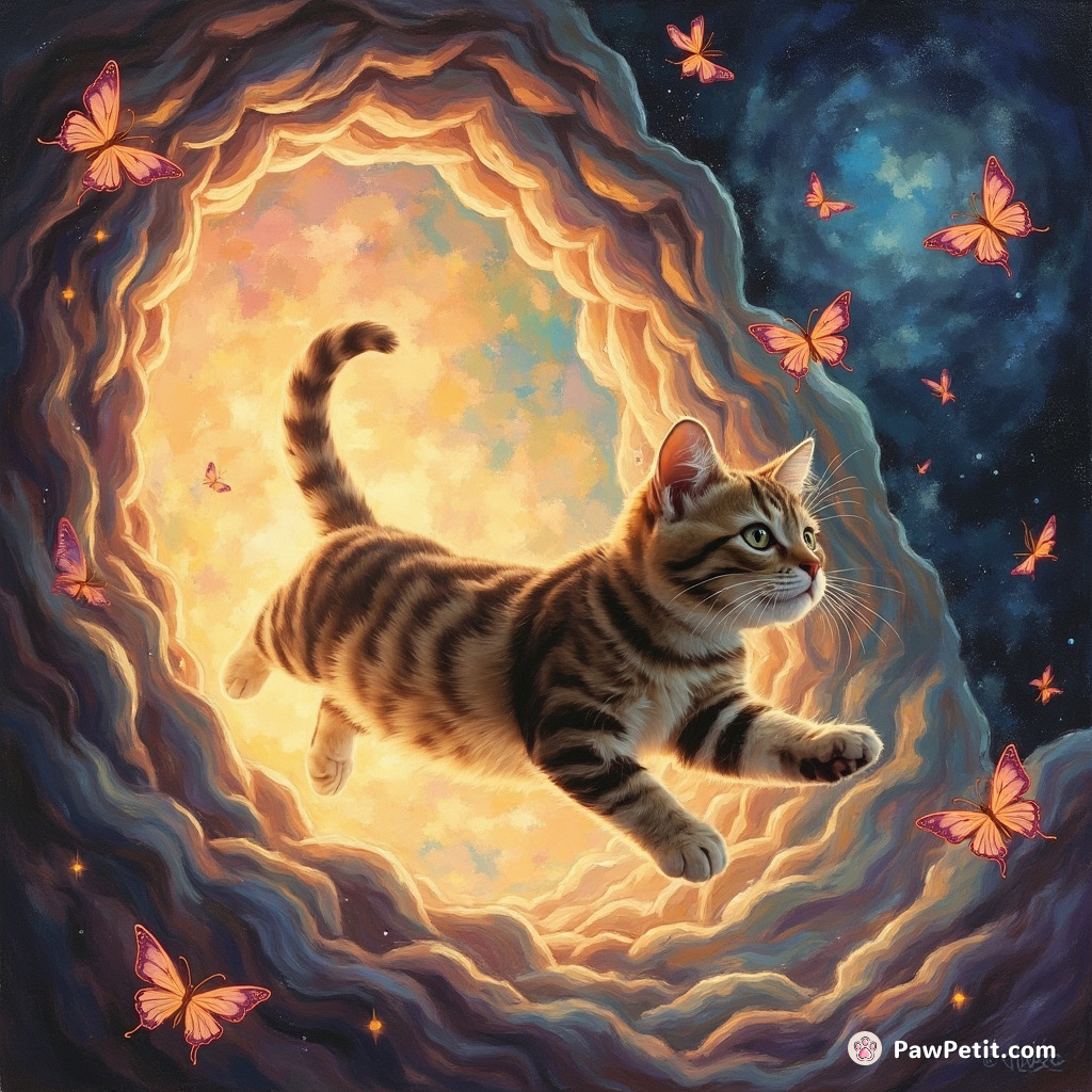 The cat leaps through glowing portals, chasing digital butterflies in a kaleidoscopic dreamscape.