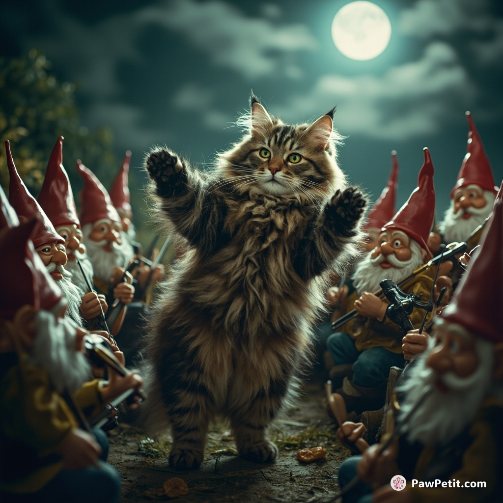 Cat conducting a philharmonic orchestra of garden gnomes in a full moon setting.