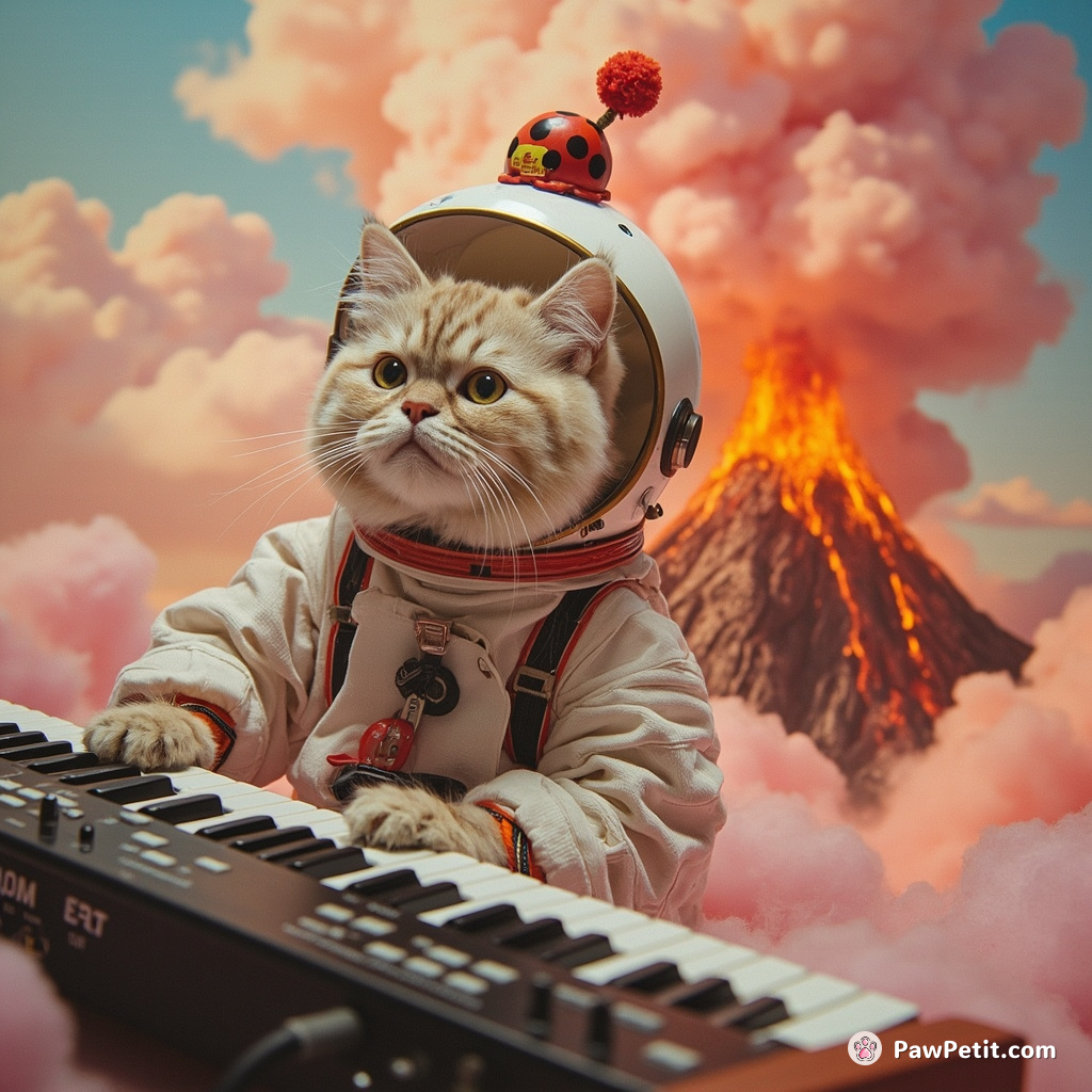 Astronaut cat with ladybug antenna playing synth-keyboard amidst cotton candy clouds over volcano.